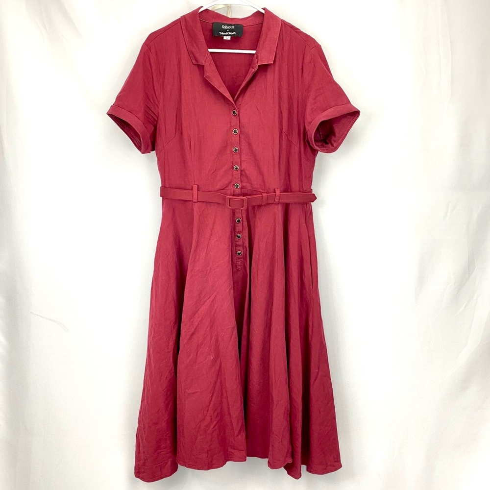 Button Front Belted Short Sleeve Midi Dress